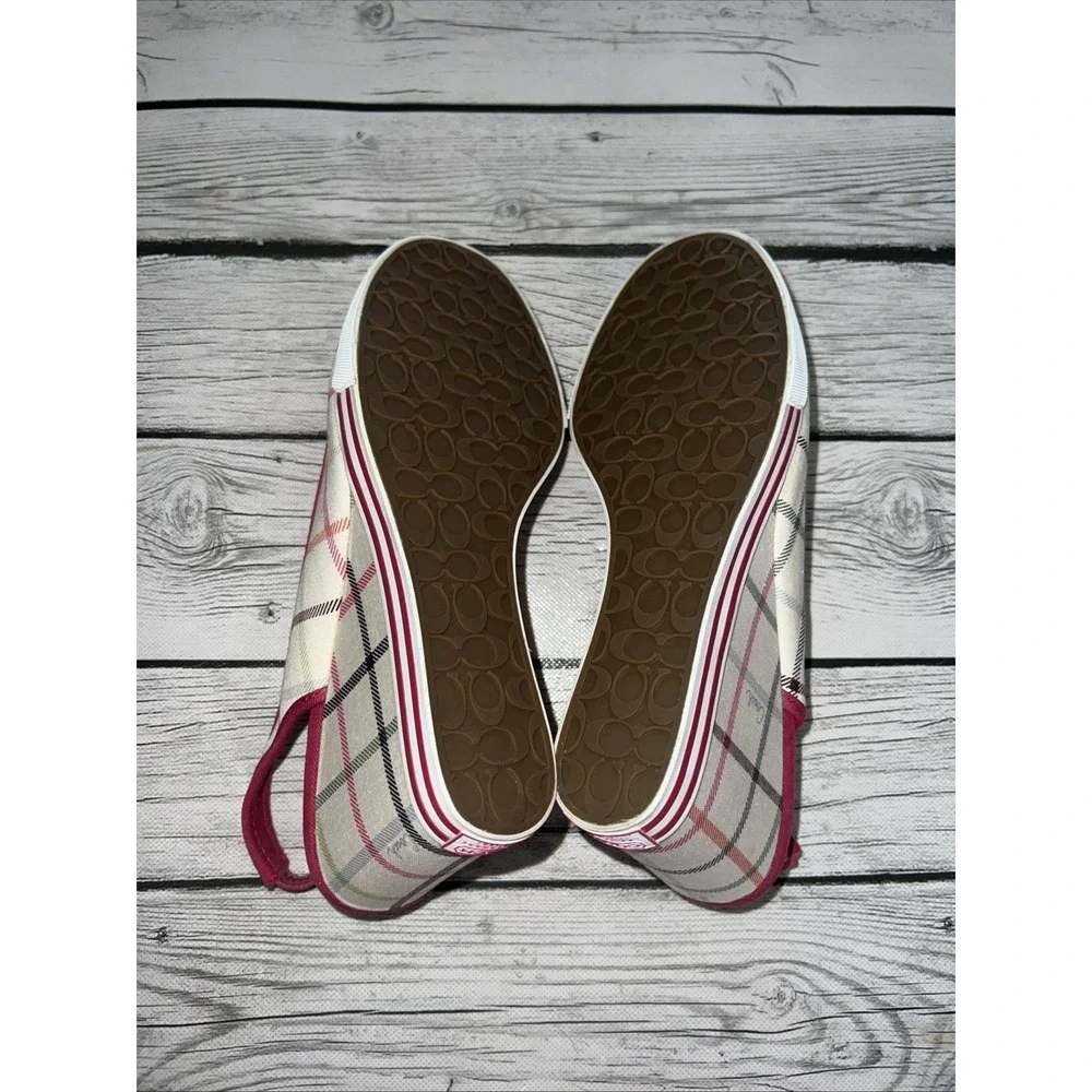 Coach Syndney White w Multicolor Stripes Hot Pink Trim w Wedge Sand Womens 9